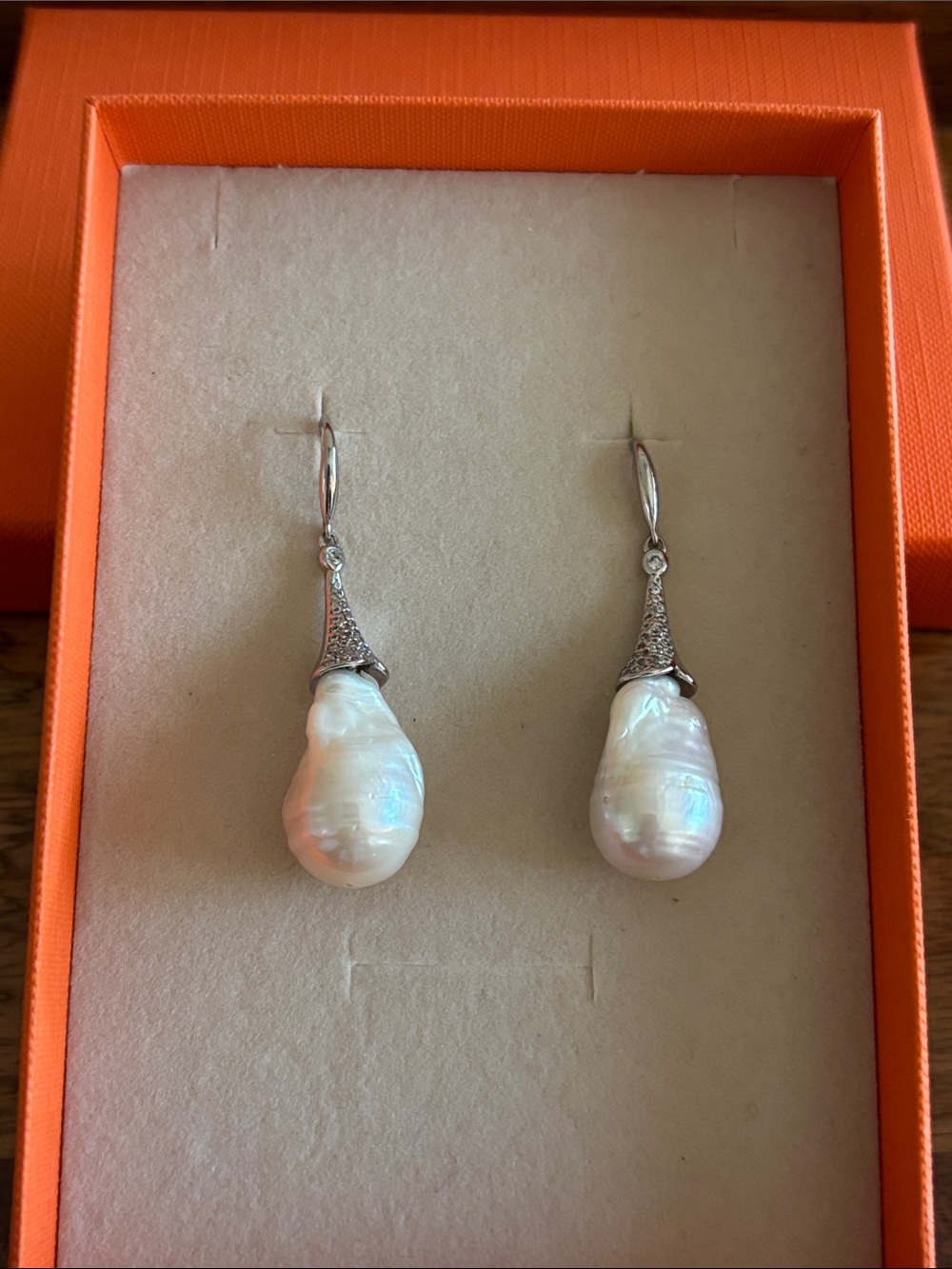 White Baroque Pearl Drop Earrings (Unbranded) with Silver-Tone Caps